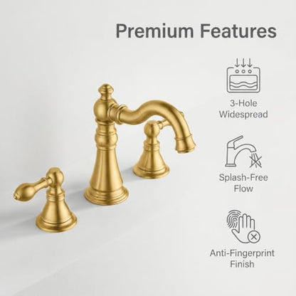 Brushed Gold 2-Handle 8 Inch Widespread Bathroom Faucet, 3 Holes | Derengge Traditional Widespread Sink Faucet, With Pop-Up Drain 360° Swivel Stainless Steel Spout, F-8805-BG - color: Brushed Gold