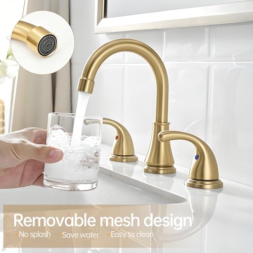 Bathroom Sink Faucet FRANSITON Centerset 8 Inch 2 Handle Bathroom Sink Faucet Lead-Free with Pop-up Drain Stopper and Supply Hoses (Brushed Gold, 8 Inch) - color: Brushed Gold