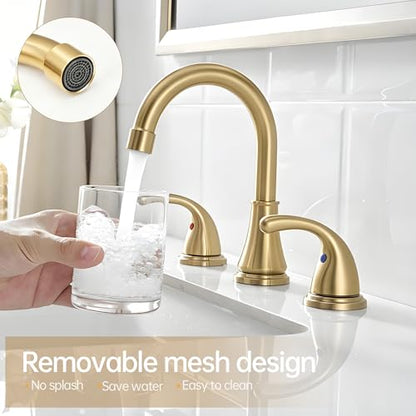 Bathroom Sink Faucet FRANSITON Centerset 8 Inch 2 Handle Bathroom Sink Faucet Lead-Free with Pop-up Drain Stopper and Supply Hoses (Brushed Gold, 8 Inch) - color: Brushed Gold
