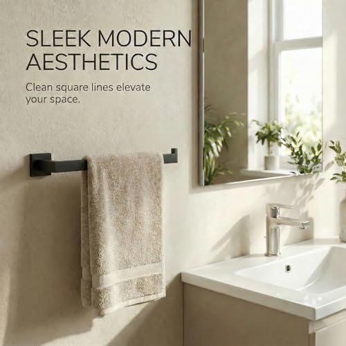 Matte Black Bathroom Hardware Set 5-Piece, Modern Square SUS304 Stainless Steel Bath Accessory Kit with 23.6" Towel Bar - color: Matte Black