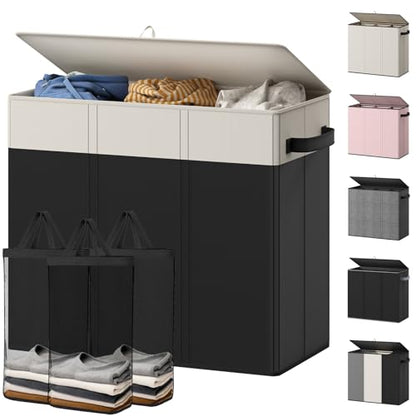 Optish 180L Laundry Hamper 3 Section, Large Laundry Hamper with Lid, Dirty Clothes Hampers with 3 Inner Bags, Laundry Basket Organizer for Bedroom, Bathroom, Hamper 3 Compartment, White & Black - color: White & Black