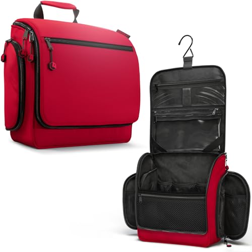 VENTURE 4TH Hanging Travel Toiletry Bag, 18 Compartments - Red | Hangs on rails, hooks or doors; stands upright. Removable TSA pouch. Water-resistant Nylon 290D Twill, reinforced stitching. - color: Red