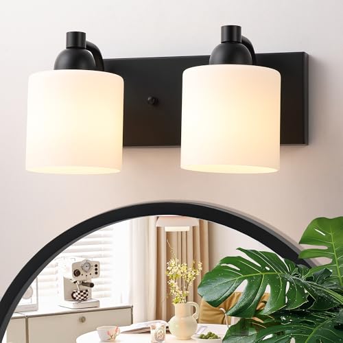 Mecgirn Milk Glass Vanity Lights for Bathroom, 2 Light Matte Black Bathroom Light Fixtures Over Mirror, Ceramic E26 Sockets Wall Mounted - color: Matte Black, size: 2 Light