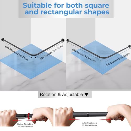 L Shaped Shower Curtain Rod, Adjustable Corner Shower Rod(23.6"-33.5"x23.6"-33.5"), Wall Mounted Half Circle Shower Curtain Rod for Bathroom,Clothing Store,Locker Rooms,Private Space, Need to Drill - size: S