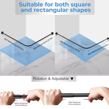 L Shaped Shower Curtain Rod, Adjustable Corner Shower Rod(23.6"-33.5"x23.6"-33.5"), Wall Mounted Half Circle Shower Curtain Rod for Bathroom,Clothing Store,Locker Rooms,Private Space, Need to Drill - size: S