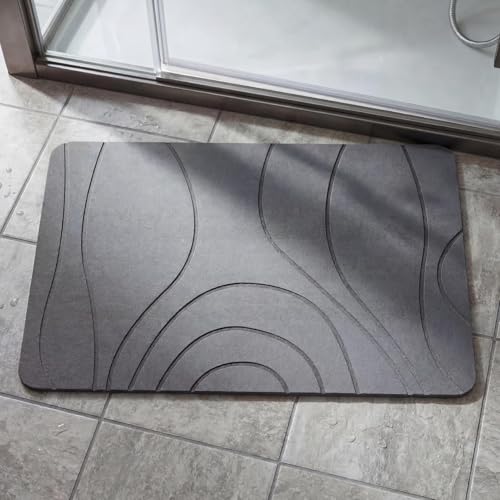 GarveeLife Quick Dry Diatomaceous Earth Bath Mat - Non-Slip Stone Surface - Highly Absorbent Hard Floor Rug - Abstract Wave Design for Bathroom, Kitchen, Pet Area, 39x60cm - Color: Illusion - color: Gray1