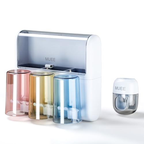 Toothbrush Holder Wall Mounted with Automatic Toothpaste Dispenser, Dustproof Flip Cover and Inverted Cup Slots, Multi-Functional No-Drill Bathroom Organizer for Family, Space Saver (3 Cups)