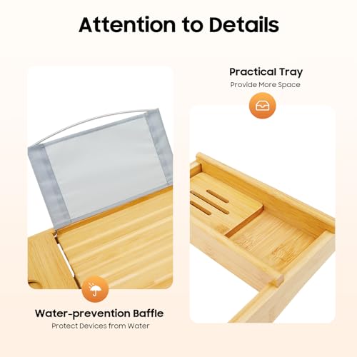 Bathtub Tray Caddy, Expandable Bamboo Bath Tray Waterproof Bamboo Bathtub Trays Bathroom Organizer for Housewarming, Anniversary, Wedding
