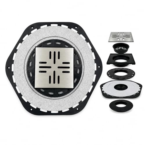 4-Inch Square Shower Drain Kit, Hex Bonding Flange, Brushed Silver | Removable 304 stainless steel grate with hair strainer; fits 2- and 3-inch pipes for tiled shower floors and wet areas - size: 4in-Brushed Stainless Steel(N)