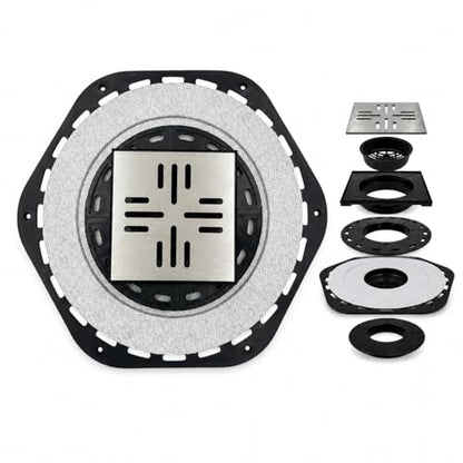4-Inch Square Shower Drain Kit, Hex Bonding Flange, Brushed Silver | Removable 304 stainless steel grate with hair strainer; fits 2- and 3-inch pipes for tiled shower floors and wet areas - size: 4in-Brushed Stainless Steel(N)