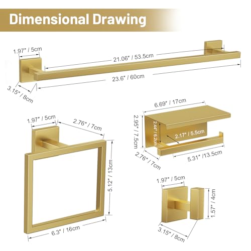 TURS Brushed Gold 5 Pieces Bathroom Hardware Set, SUS304 Stainless Steel 23.6 Inch Bath Towel Bar Set, Square Bathroom Accessories Kit Wall Mounted - color: Brushed Gold