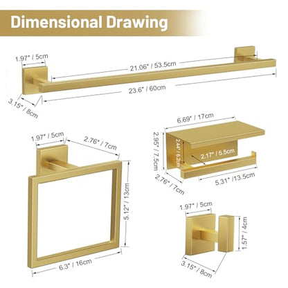 TURS Brushed Gold 5 Pieces Bathroom Hardware Set, SUS304 Stainless Steel 23.6 Inch Bath Towel Bar Set, Square Bathroom Accessories Kit Wall Mounted - color: Brushed Gold