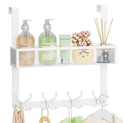 SWTYMIKI Over The Door Hook with 16 Hooks & Mesh Baskets - Heavy Duty Over The Door Organizer Hanger for Towels, Coats, Clothes - Space Saving Hanging Rack for Bathroom, Living Room, White - color: White-1 Basket