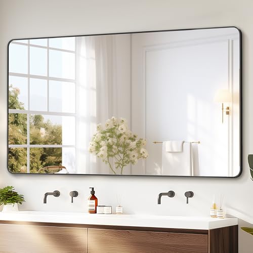 Bathroom Vanity Mirror, Black Framed Mirror for Over Sink, 55x30 | HD glass, distortion-free for makeup and grooming, Sturdy frame, all mounting hardware, hangs horizontal or vertical - color: Rect Black, size: 30"L x 55"W