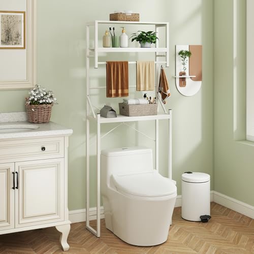 Tangkula 3-Tier Over The Toilet Storage, 64” Tall Bathroom Shelf Space Saver with Hanging Bar, 3 S-Shaped Hooks, Metal Legs, Freestanding Above Toilet Bathroom Organizer for Laundry Room, White
