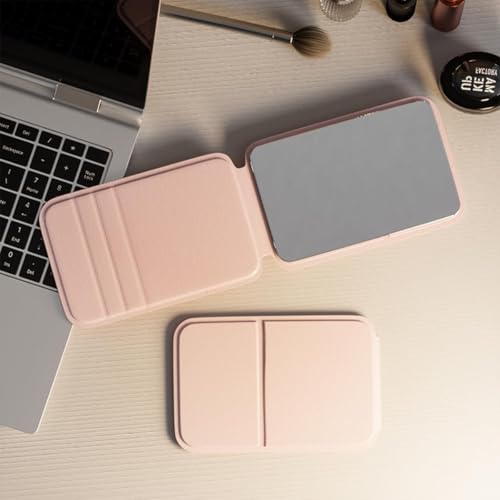 Rectangle 10x7cm Portable Folding Travel Mirror, PU Leather Travel, Free Standing Vanity, Tabletop Foldable (Pink)