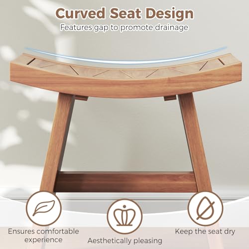 Giantex Teak Wood Shower Bench, Waterproof Shower Stool with Curved Seat for Inside Shower, Spa Bathing Step Foot Rest, Bathroom Stool for Elderly Seniors, Indoor and Outdoor Use, 18" x 13" x 17.5"