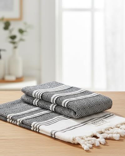 DEMMEX Organic Turkish Hand Towels for Bathroom – 100% Oeko-TEX Certified Turkish Cotton, Quick Dry, Lightweight Kitchen & Travel Towels, Diamond Weave, Large 18x36 Inches, Set of 2, Black - color: Black