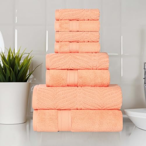 SUPERIOR Cotton Chevron 8-Piece Towel Set, Zero Twist, Quick Dry, Home Essentials, Shower, Spa, Luxury Plush Soft Absorbent Towels, Includes 2 Bath, 2 Hand, 4 Washcloth/Face Towels, Peach - color: Peach, size: 8 Piece Towel Set (Solid + Jacquard)