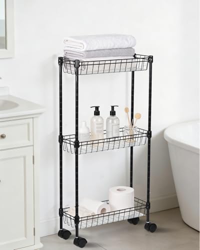 GarveeHome Slim Rolling Storage Cart, 3 Tier Metal Utility Cart with Wheels, Adjustable Shelving Unit Basket for Kitchen Bathroom Laundry Room Living Room & Narrow Corner, 15.75"X5.91"X31.5", Black - size: 3 Tier