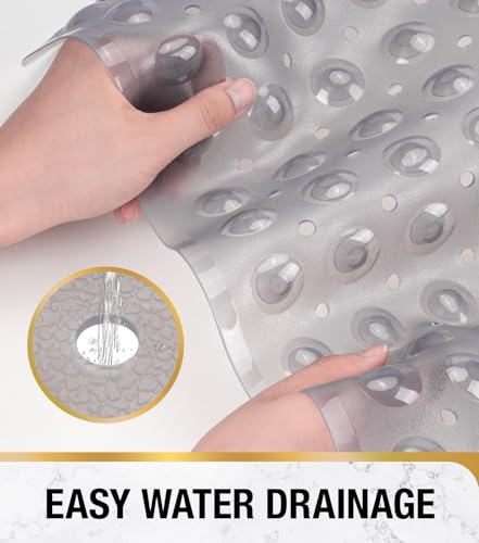 HITSLAM Square Shower Mat, Non Slip PVC Stall Mat, 24"x24", Grey | Power Grip Suction Cups, Center Drain Hole, Built-In Hanging Holes, Machine Washable Bathroom Floor Mat, Soft On Feet - color: Smoke Grey