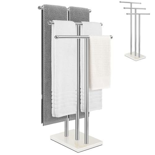 Standing Towel Rack with Marble Base, 3-Tier Free Standing Towel Racks for Bathroom, 40" Height Floor Towel Stand Holder for Bathroom, White - color: White