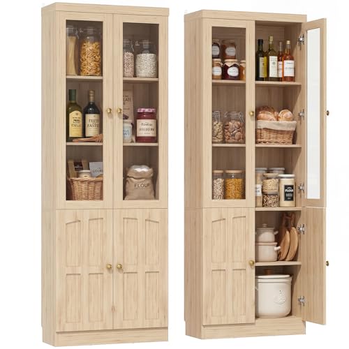 Cyclysio Kitchen Pantry Cabinet, 80" Wood Pantry Storage Cabinet with Doors and Adjustable Shelves, Kitchen Cabinet with Thickened Top Panel, Tall Cabinet for Livingroom, Pantry, Bathroom, Natural - color: Natural