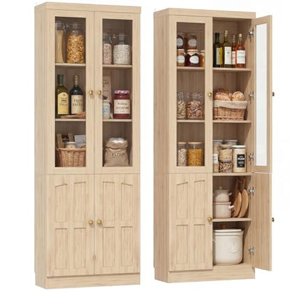 Cyclysio Kitchen Pantry Cabinet, 80" Wood Pantry Storage Cabinet with Doors and Adjustable Shelves, Kitchen Cabinet with Thickened Top Panel, Tall Cabinet for Livingroom, Pantry, Bathroom, Natural - color: Natural