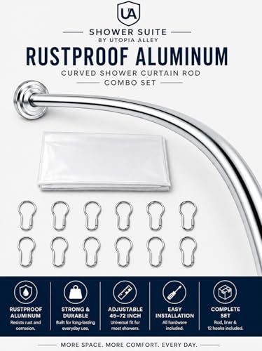 Shower Suite by Utopia Alley – Rustproof Aluminum Curved Shower Curtain Rod Combo Set with Liner & 12 Hooks, Adjustable 45–72 Inch Wall Mount Rod, Chrome Finish - color: Chrome
