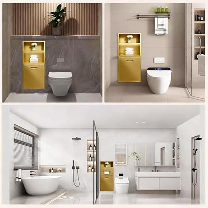 Stainless Steel Recessed Shower Nich with Built-in Trash Can(25.4X11.2IN) | Waterproof Bathroom Niche Alcove Toilet Paper Toiletries Storage Rack for Living Room Bedroom Hotel Residential - color: Gold