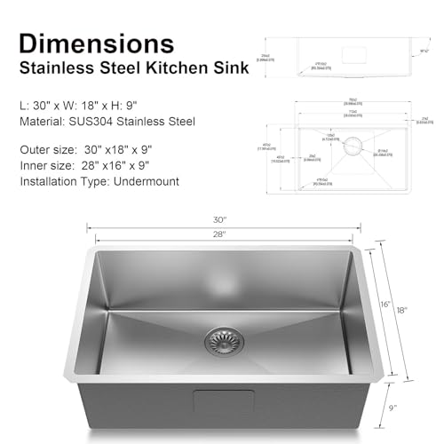 30" Undermount 18 Gauge 304 Stainless Steel Single Bowl Kitchen Sink with Accessary in 30"Lx18"Wx10"D - size: 30"L x 18"W x 10"D Single Bowl