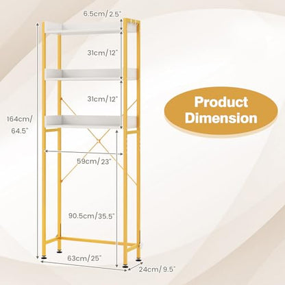 Giantex Over The Toilet Storage Shelf, 3-Tier Freestanding Space Saver Above Toilet with 4 Hooks, Adjustable Bottom Bar, Over Toilet Bathroom Organizer for Restroom, Laundry, Easy Assembly - color: White + Gold