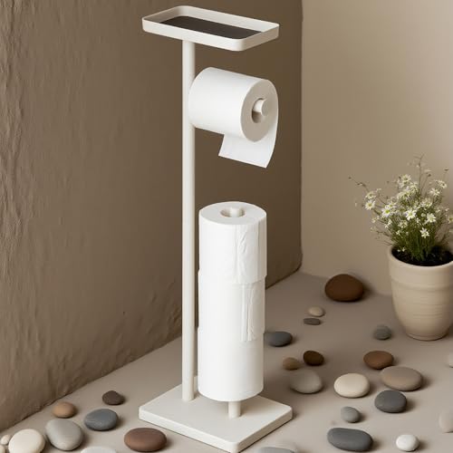 Clasin Home White Toilet Paper Holder Stand with Metal Top Shelf, Free Standing Bathroom Tissue Roll Holder with Weighted Base and Storage for 4 Rolls - color: White
