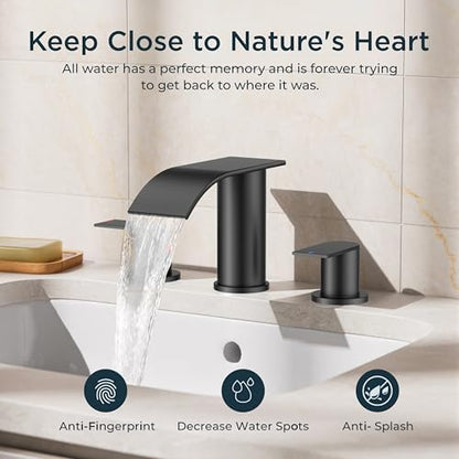 FORIOUS Bathroom Faucet 3 Hole 8 Inch Widespread Waterfall Matte Black | Bathroom Sink Faucet with Pop-up Drain and 24" Supply Lines, Two Handles, for Vanity Laundry Farmhouse School and Restroom - color: Matte Black