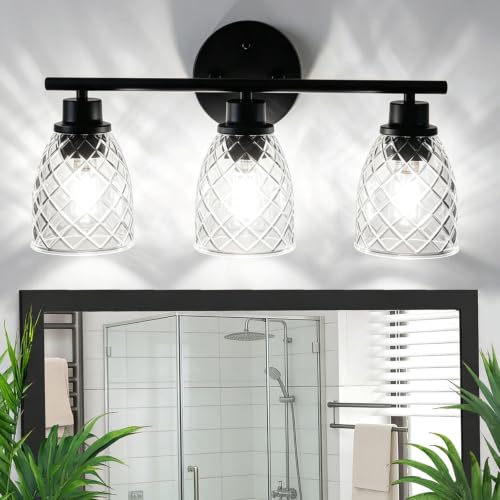 3-Light Vanity Light Over Mirror, Black Bathroom Light Fixtures | Modern Farmhouse Wall Lamp with Hammered Glass Lampshade for Kitchen Hallway Bedroom Living Room Cabinet Porch-18.1IN - color: Black, size: 3-Light