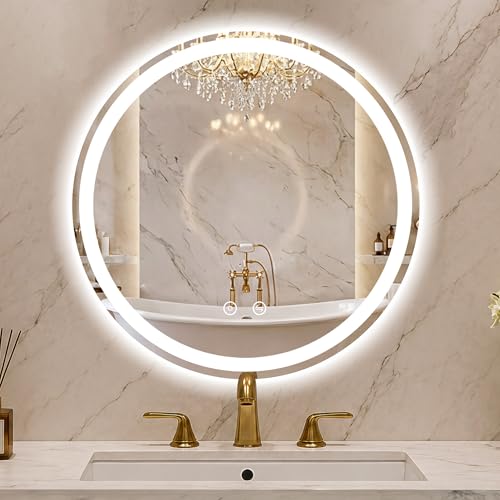 Round LED Bathroom Mirror with Lights, 28 Inch Circle Lighted Vanity Mirror | Anti-Fog, Dimmable 3 Colors, Backlit + Frontlit, HD Shatterproof Tempered Glass, Memory Function - color: 3 Light Modes Round, size: 28"L x 28"W