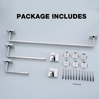 TRUSTMI Chrome 5-Piece Bathroom Hardware Set Wall Mount | SUS304 stainless steel, laser-welded seamless, 23.6" bar, 10.6" ring, 6.3" holder, 2 hooks, hardware included - color: Chrome