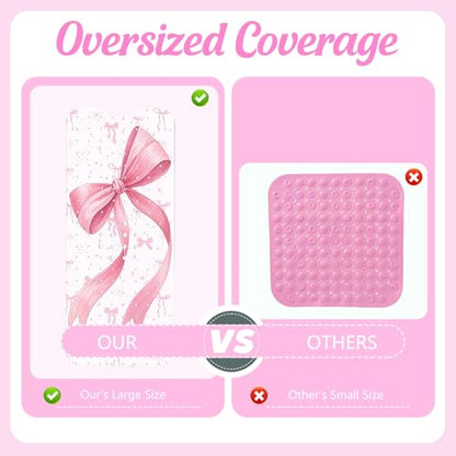Breling Non-Slip Pink Bow Bathtub Shower Mat Extra Long (40" x 16") - Cute Bow Print Bath Mat with Drain Holes & Suction Cups, Machine Washable Coquette Preppy Bathmat for Bathroom Floor Women Girls - style: Pink Bow