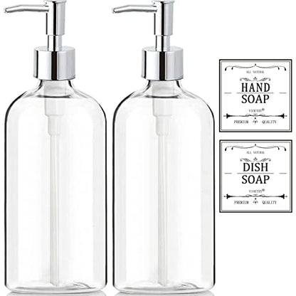 Clear Soap Dispenser with Rust Proof Pump, Waterproof Labels (2 Pack,16 Oz), Plastic Hand Soap Dish Soap Dispenser for Kitchen Bathroom - color: Clear