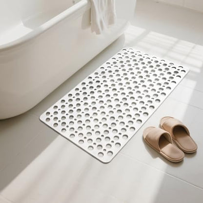 Bath Mat for Tub, 28 X 15 Inches Easy Clean Non Slip Machine Washable Large Bathroom Mat Set with Suction Cups and Drain Holes,Durable Grey Bath Mat for Home,Bathroom,Inside Shower Floor,Bathtub - color: White