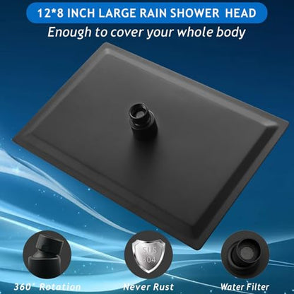Voolan Rain Shower Head - High Flow Large Rainfall Shower Heads Made of Stainless Steel - Waterfall Bathroom Square Showerhead - Ceiling or Wall Mount (12 * 8 Inch Rectangle, Matte Black) - color: Matte Black, size: 12*8 Inch Rectangle