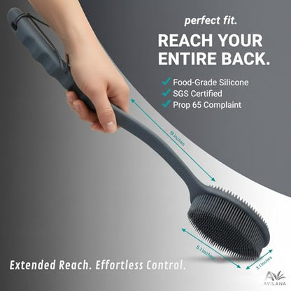 Avilana Silicone Body Scrubber for Shower – SGS Certified Food Grade Dual Sided Bath Brush, Gentle Exfoliating Silicone Loofah Alternative, Sensitive Skin Body Brush (Dark Gray, Long Handle) - color: Dark Gray, size: Long Handle