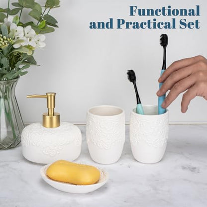 Bathroom Accessories Set, 4pcs Ceramic with Embossed Design Look Sets Bathroom Soap Dispenser with Rust-Proof Plastic Pump 13.5oz & 2Pcs Ceramic Cup, 1Pcs Soap Dish - color: White-gold