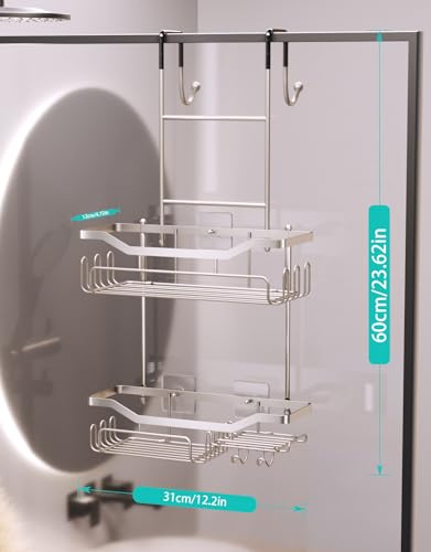 HapiRm Hanging Shower Caddy Over the Door with Soap Holder, No Drilling Adhesive Shower Organizer with 11 Hooks, Rustproof & Waterproof 304 Stainless Steel Bathroom Shelves - Brushed Nickel - color: Brushed Nickel-2