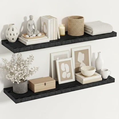 Vivelove Black Floating Shelve 48 Inches 12 Inch Deep, Set of 2 | Invisible Brackets, Easy Mount Shelf with Hardware Kit, for Bathroom Bedroom Living Room Kitchen, Engineered Wood - color: Black, size: 48”wx12”dx1.5”h