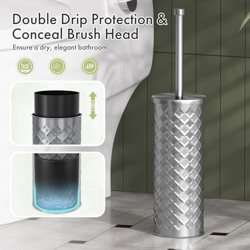 Toilet Bowl Brush and Holder Set 3 Pack with 6 Extra Brush Heads (Silver) | Extra Long Handle with Splash Guard Cover, Tool-Free Installation, Bathroom Space-Saving, Cleaner Sets for Apartments, RV - color: Silvery