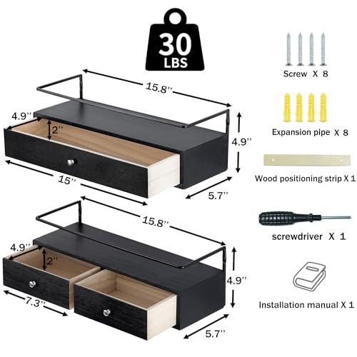 dreampossible 2-Pack Rustic Floating Shelves with Drawer, Black, 15.8 Inch Long, Wall-Mounted, Bathroom, Kitchen, Living Room Storage - color: Black, size: 15.8 Inch Long