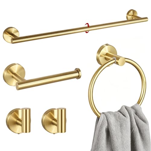5 Pieces Brushed Gold Bathroom Accessories Set Bath Towel Bar Set | 24 Inch Towel Racks, 304 Stainless Steel, Modern Design, Sturdy and Rustproof, Easy to Install, Save Space, No Sharp Edges - color: Gold