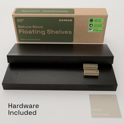 Solid Wood Floating Shelves for Wall 20 Inch Black, Wooden Bathroom Shelf | Real Wood, Heavy-Duty, Wall Mounted, Bedroom Kitchen Living Room, Rustic, Black Finish, 20W x 6.7D, Set of 2 - color: Black, size: 20 Inch