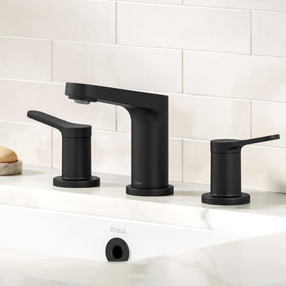 KRAUS Indy Widespread Bathroom Faucet in Matte Black with 2 Handles, Pop Up Drain and Supply Lines, FUS-14103MB - color: Matte Black, style: Widespread